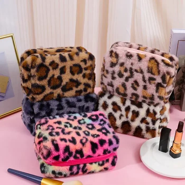 Sacs de maquillage en peluche léopard pour femmes