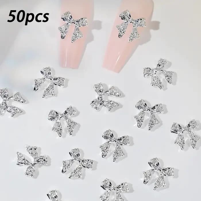 96/50 pièces 3D nœud papillon/ruban métal Nail Art breloques argent/or alliage arcs ongles strass décor luxe bricolage