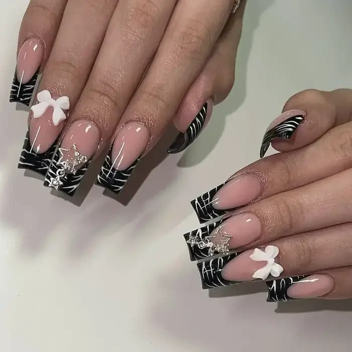 24 pièces presse sur ongles court amande nœud papillon noir