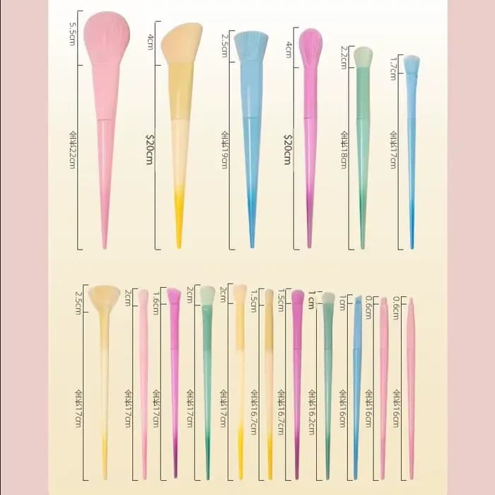 Ensemble de pinceaux de maquillage 17 pièces dans des nuances Macaron de couleur bonbon : pinceau à poudre