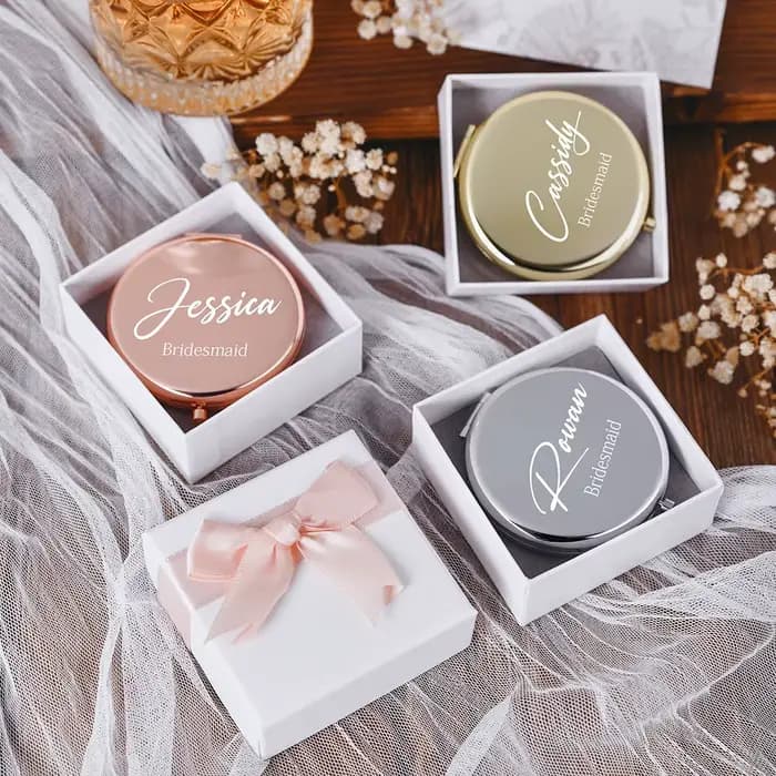 Miroirs de maquillage compacts personnalisés avec boîte à ruban blanc