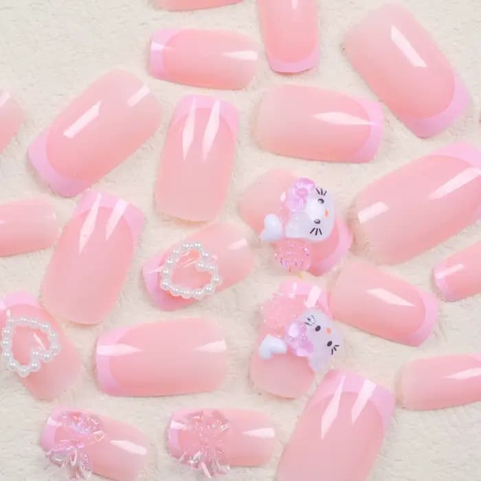 24 ongles carrés moyens rose français mignon dessin animé chat blanc amour camélia Patch pour ongles