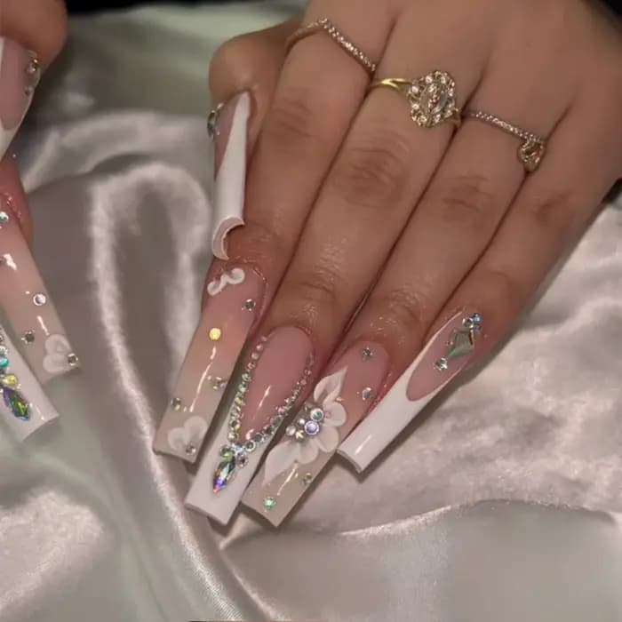 24 pièces noir français presse sur faux ongles diamants arc conception