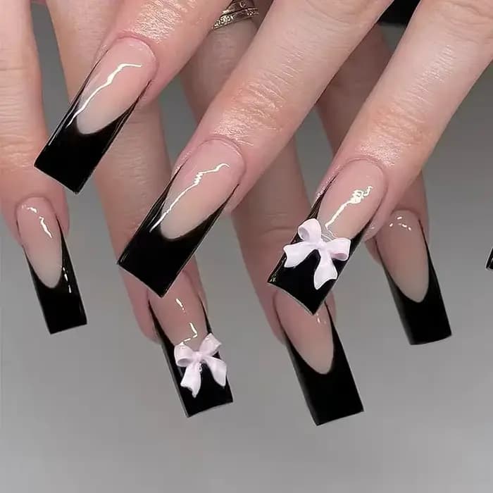 24 pièces presse sur ongles court amande nœud papillon noir presse sur ongles blanc perle douce poin