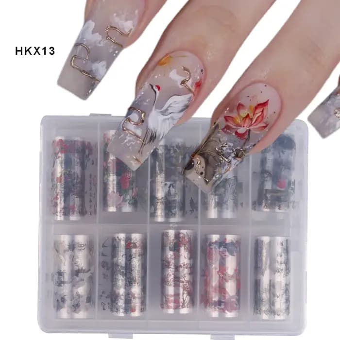 10 pièces feuilles à ongles caractère chinois grue bambou poisson fleur prune autocollant curseur transfert adhésif