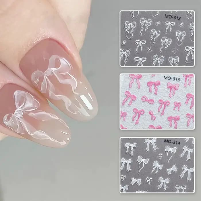 Autocollants pour ongles à nœud papillon, ruban blanc en Relief 3D, mignon, rose doux, autocollants