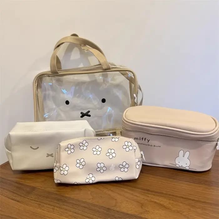 Ensemble de quatre trousses de maquillage Miffy Kawaii pour le voyage, sac de rangement portable à main, sac de classification pour articles de toilette, jouet cadeau