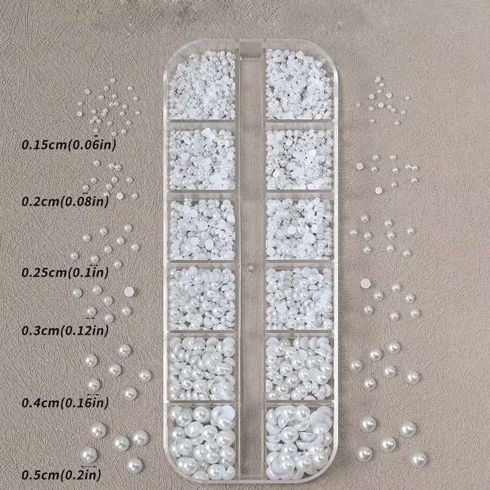 12 grilles de perles blanches 3D, breloques pour ongles, 1.5-5mm, perles rondes/demi-rondes, strass,