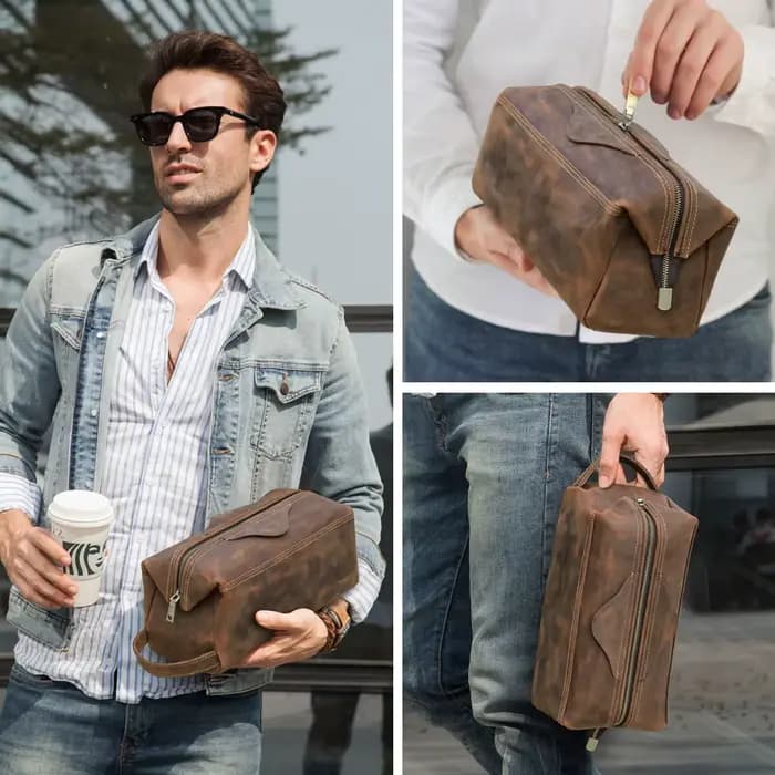 Trousse de toilette en cuir véritable pour hommes et femmes, sac à cosmétiques, trousse de toilette