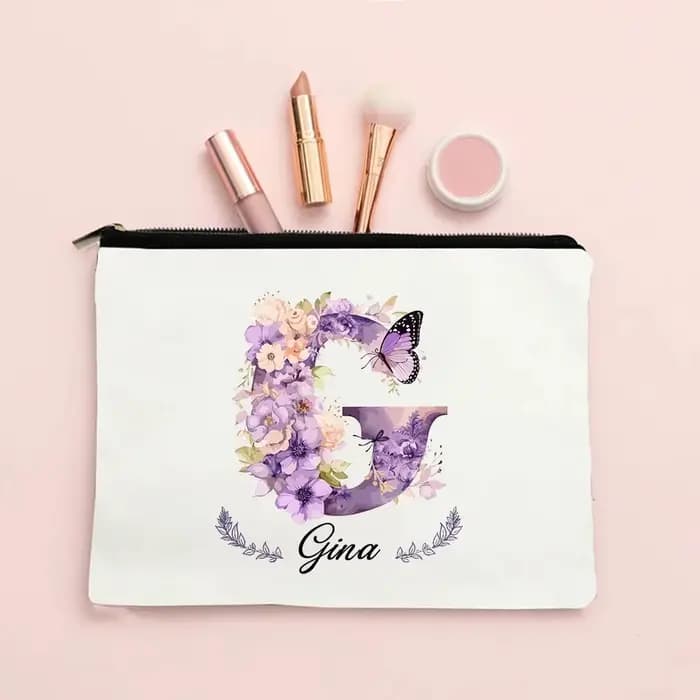 Pochette de maquillage personnalisée avec initiale et nom pour femmes