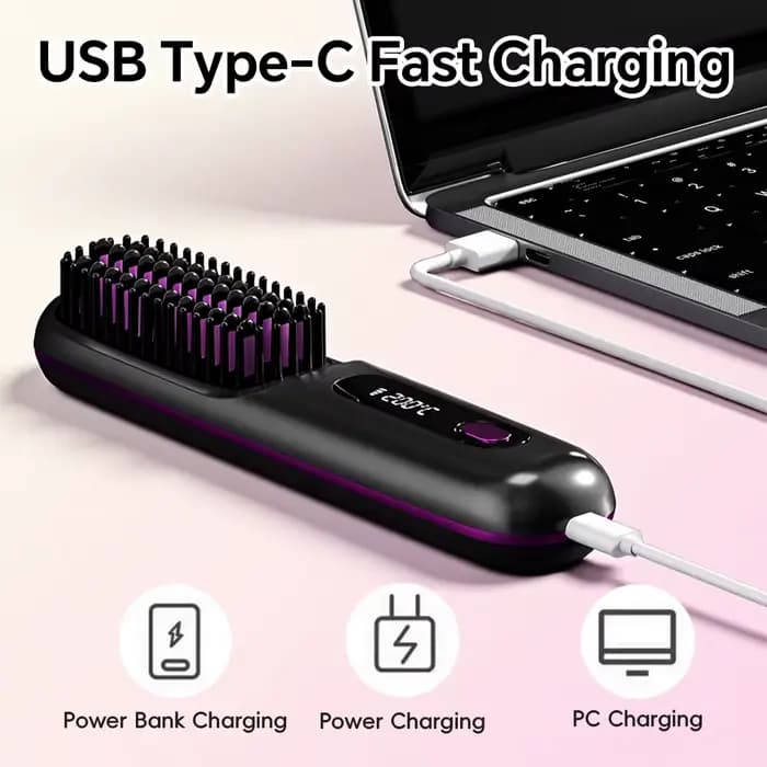 Brosse lissante sans fil rechargeable, peigne lissant à ions négatifs avec 3 réglages de température