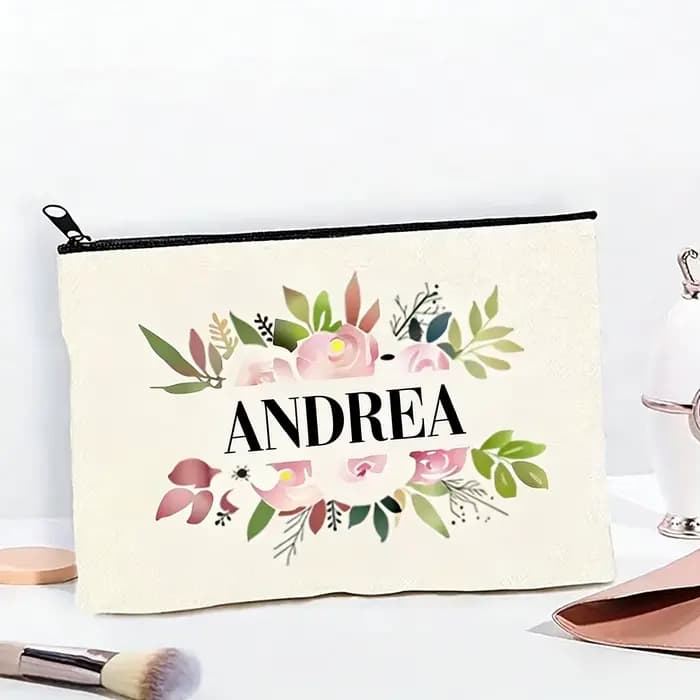 Trousse de maquillage personnalisée avec nom, motif floral lumineux, matériau en toile de polyester
