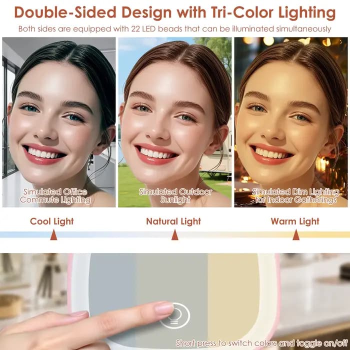 Miroir de maquillage compact LED 90 mm, à intensité variable, double face, grossissement 1X/10X, miroir de poche avec lumière, rechargeable par USB, 3 modes d'éclairage pour