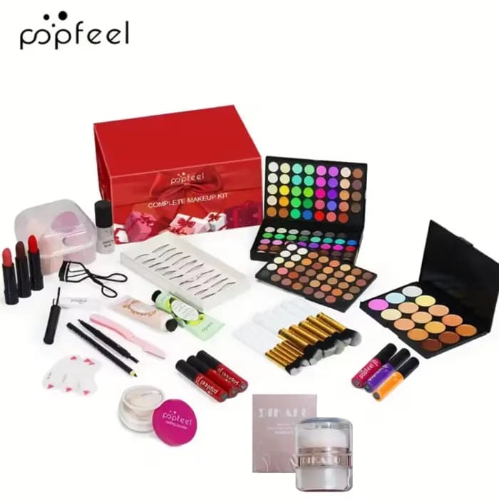 POPFEEL Kit de maquillage complet tout-en-un avec pinceau + illuminateur pour le visage - Ensemble d