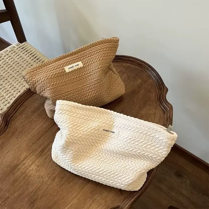 Trousse de maquillage en tissu tissé pour femmes, couleur unie, pochette à cosmétiques de grande capacité, petit organisateur, trousse de beauté à fermeture éclair pour l'extérieur