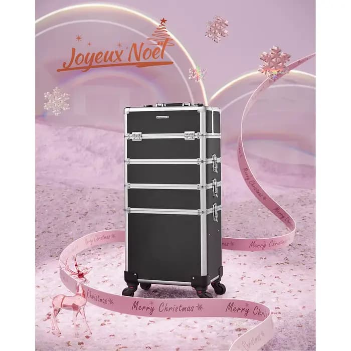 Coffret à Maquillage 4 en 1, Valise à Maquillage, Verrouillable, Roulettes, Noir