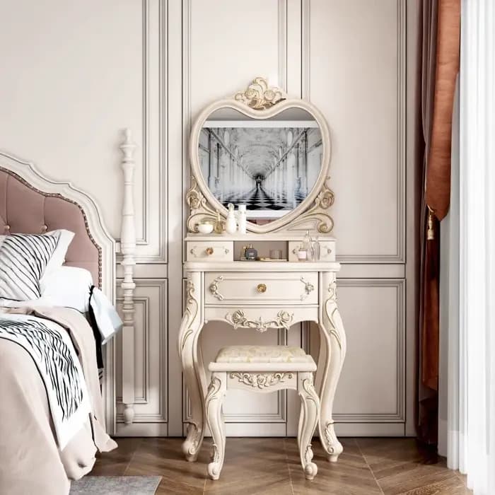 Ensemble coiffeuse européenne avec miroir blanc, bureau de maquillage avec tiroirs et tabouret - Pet
