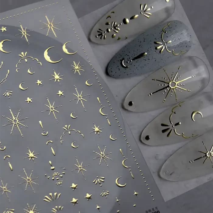 Autocollant 3D doré soleil/lune/étoile bronzant pour Nail Art, 8x10cm, Laser étoile lune, décalcoman