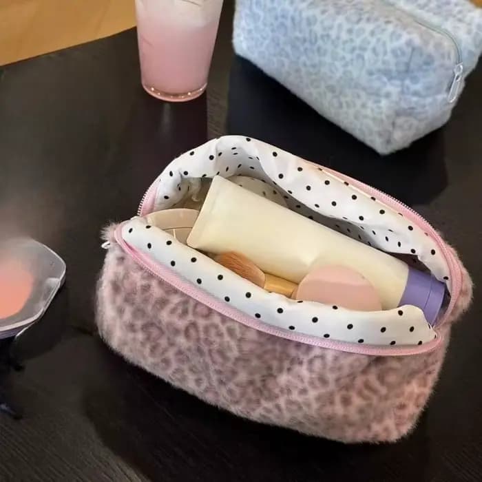 Trousse de Maquillage Grande Capacité Imprimé Léopard Rose, Organisateur Cosmétique Rose Bleu, Pochette de Voyage pour Filles