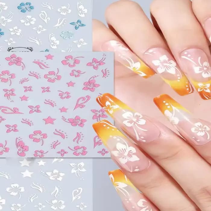 Autocollant en relief pour ongles, fleur d'hibiscus 5D, fleur en dentelle, pétale blanc rose, Floral