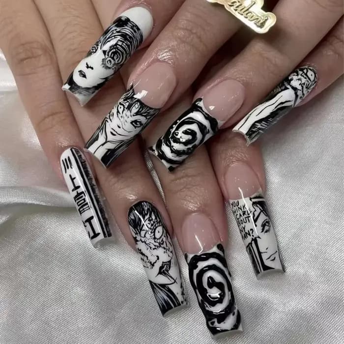 Conseils français presse sur ongles longs faux ongles noir blanc Anime bande dessinée conception cou