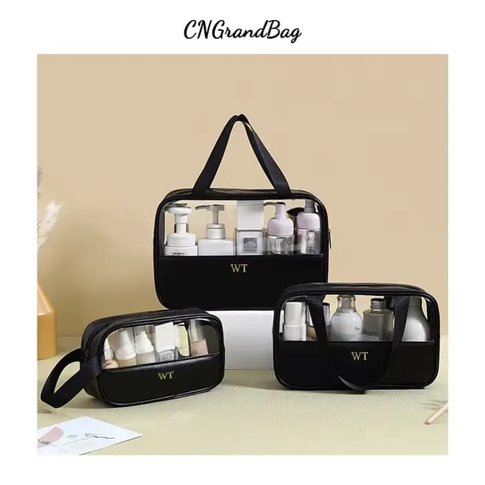 Nom personnalisable nouveau sac de lavage de maquillage Transparent en TPU sac de rangement en PU étanche de grande