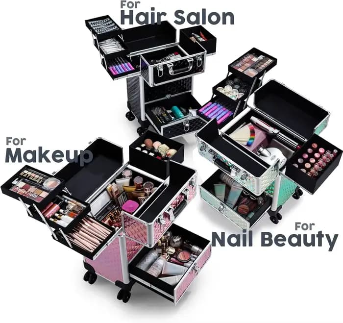 Trolley de Maquillage Roulant avec Tiroirs Coulissants et 4 Plateaux – Valise de Voyage pour Cosméti