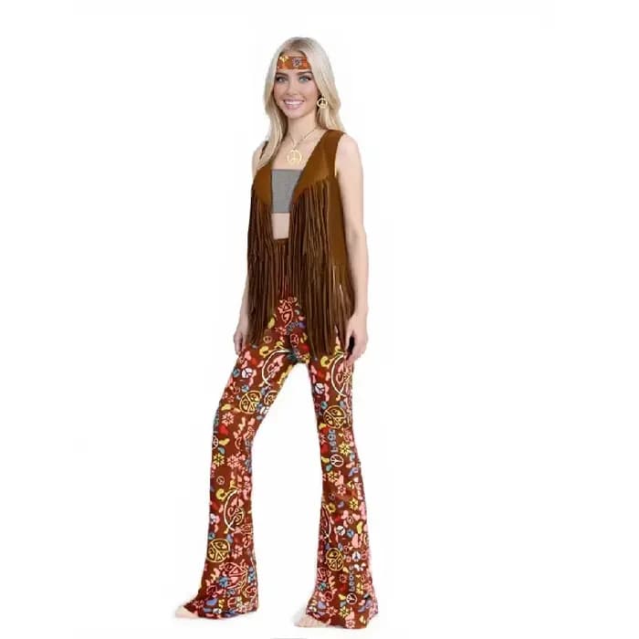 Tenues Hippie Disco des années 60 et 70 pour femmes, ensemble d'accessoires de Costume d'halloween Vintage, pantalon évasé Boho, gilet à franges, signe de paix