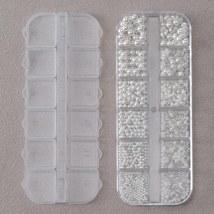 12 grilles 3D perles blanches mélangées breloques pour ongles 0.15-0.5mm perles rondes/demi-cercle N