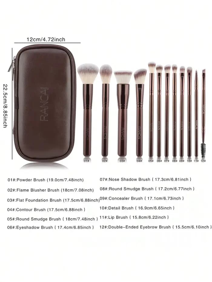 Ensemble de 12 pinceaux de maquillage marron avec sac à fermeture éclair en PU