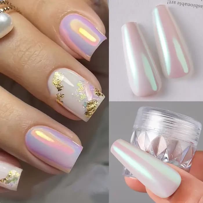 Poudre à ongles en forme de perle chromée blanche, 1 boîte, miroir aurore, Pigment pour Nail Art, effet féerique rose, scintillant, décoration pour Nail Art