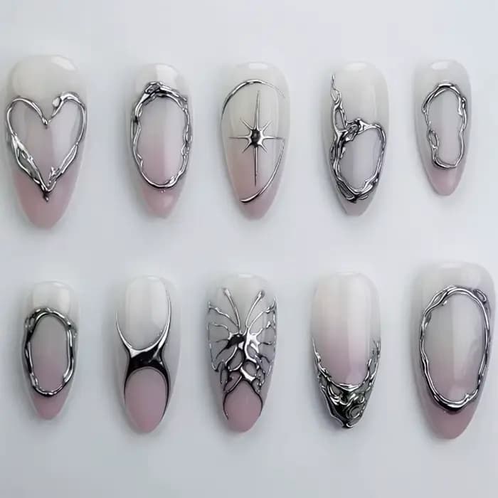 Faux ongles ovales mi-longs à pression en amande bleue