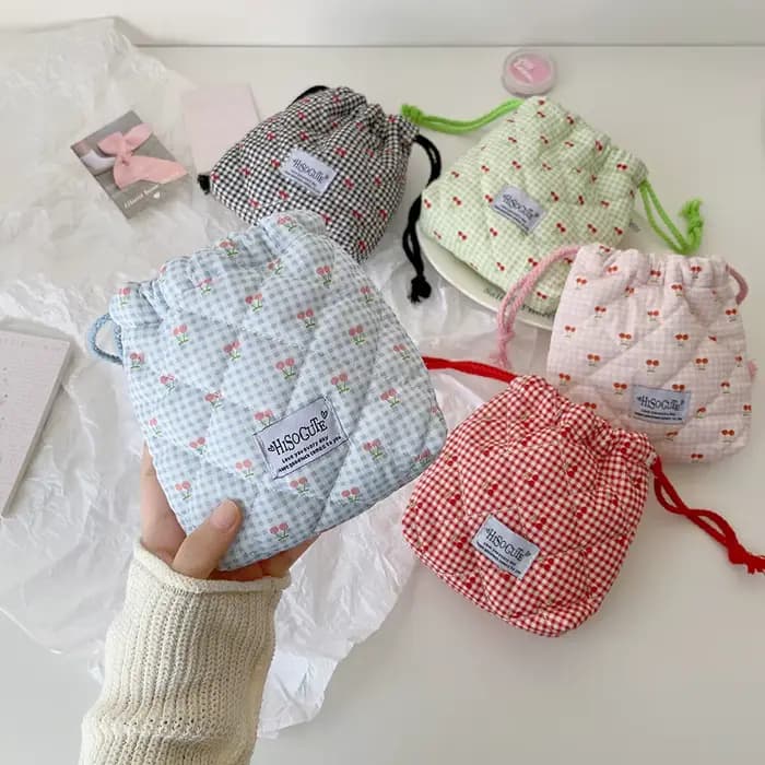 Trousse de maquillage matelassée en coton avec cordon de serrage