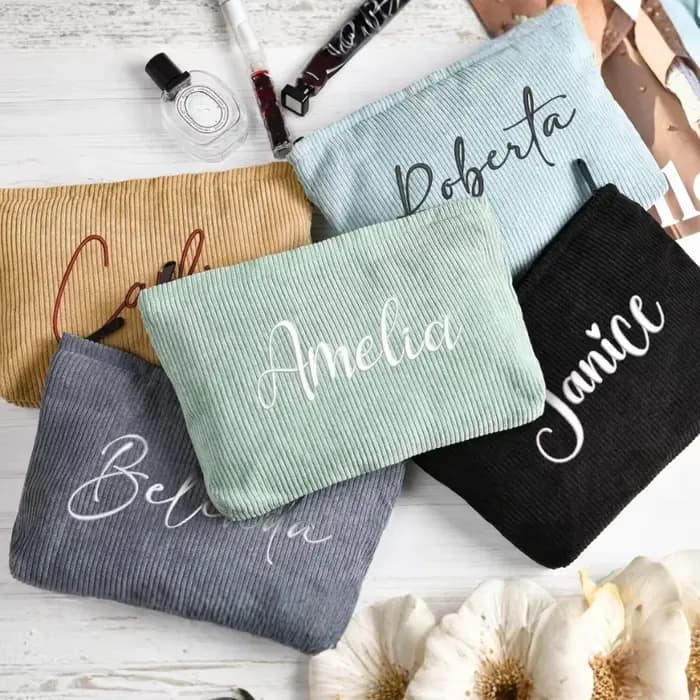 Trousse de maquillage en velours côtelé brodée