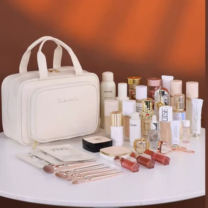 Trousse de maquillage de grande capacité pour femme – Organisateur cosmétique portable avec porte-brosse et poignée de