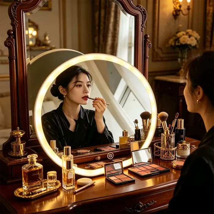 Miroir de maquillage rond à LED avec bouton tactile intelligent