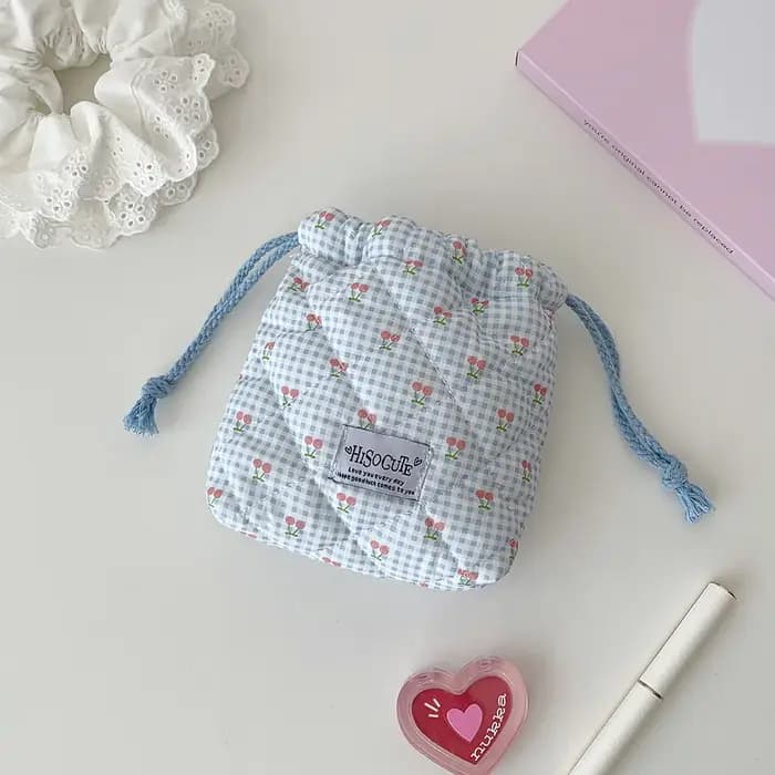 Sac de maquillage matelassé en coton avec cordon de serrage