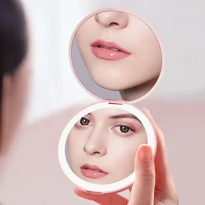 Miroir de maquillage de poche LED rond Portable pliant petit avec lumière voyage