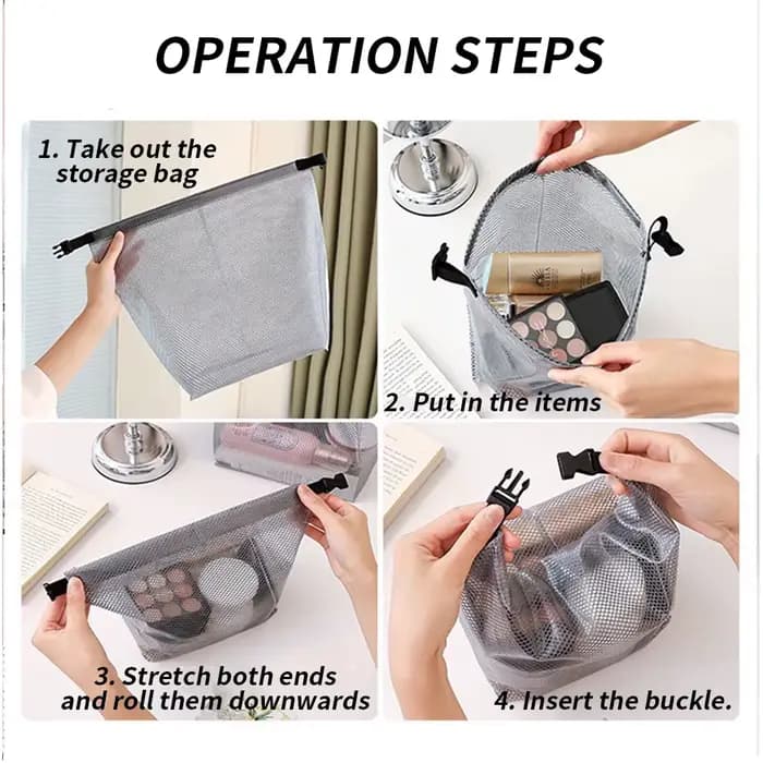 Trousse de toilette en maille imperméable, organiseur de cosmétiques à cordon avec boucle à dégagement rapide, pochette transparente pour voyage, gym et salle de sport