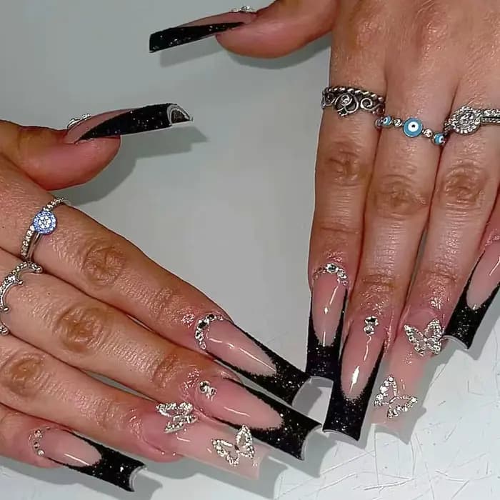 24 pièces noir français presse sur faux ongles diamants arc conception faux ongles élégant paillette