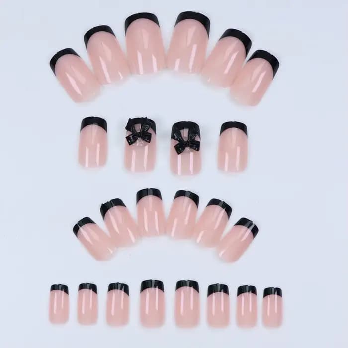 24 pièces presse sur ongles court amande nœud papillon noir presse sur ongles blanc perle douce poin