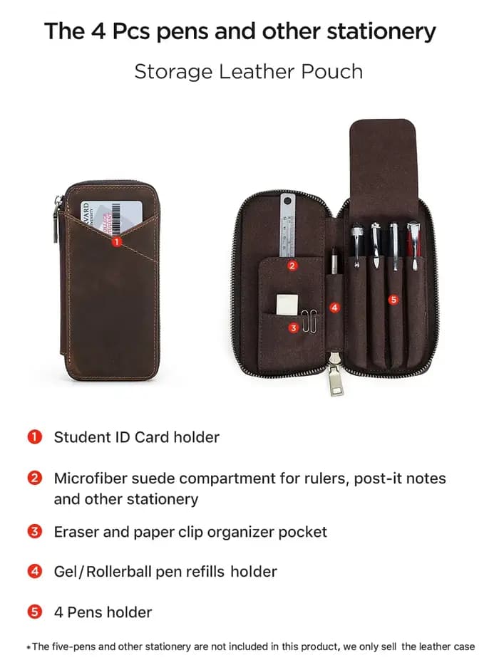 Étui à crayons en cuir véritable avec 4 compartiments