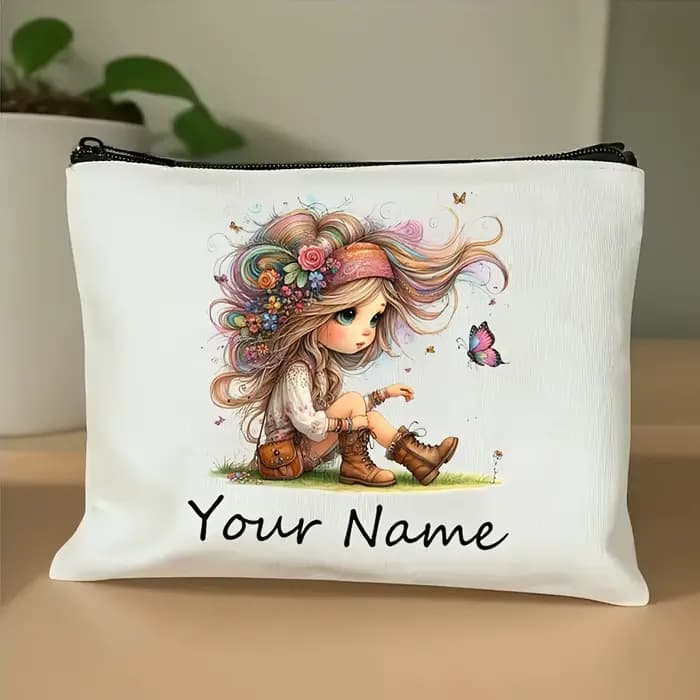 Ajouter votre nom Trousse de maquillage Motif de fille mignonne Sacs de rangement de toilette portables à fermeture éclair Pochette cosmétique pour femme A amie Cadeau de Noël