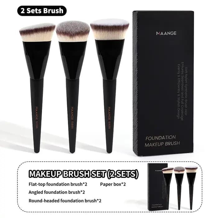 MAANGE 3 pièces ensemble de pinceaux de maquillage Angle rond tête plate fond de teint brosse à poils souples avec boîte