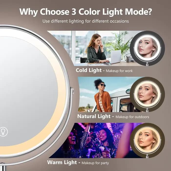 Miroir de maquillage de 8 pouces avec lampe lumineuse grossissement 10X 3 lumières de couleur