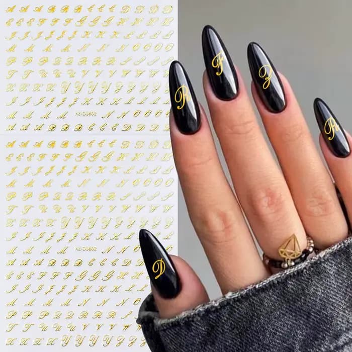 Autocollants pour ongles avec lettres romaines 3D, 1 pièce, or/argent/noir/Laser Alphabet, décalcoma