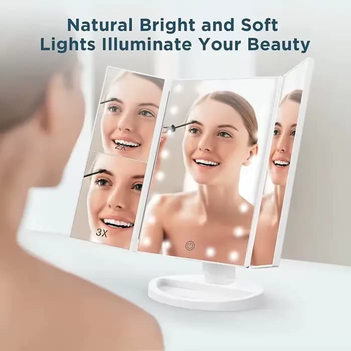 Miroir de courtoisie éclairé Triple pli 22 lumières LED écran tactile