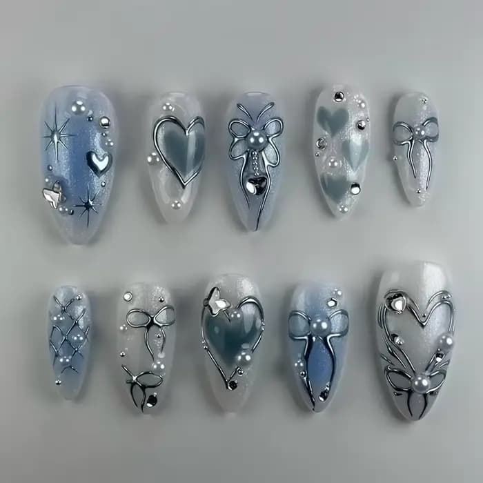 Faux ongles ovales mi-longs à pression en amande bleue, 24 pièces, avec perles 3D, pointes à motif d