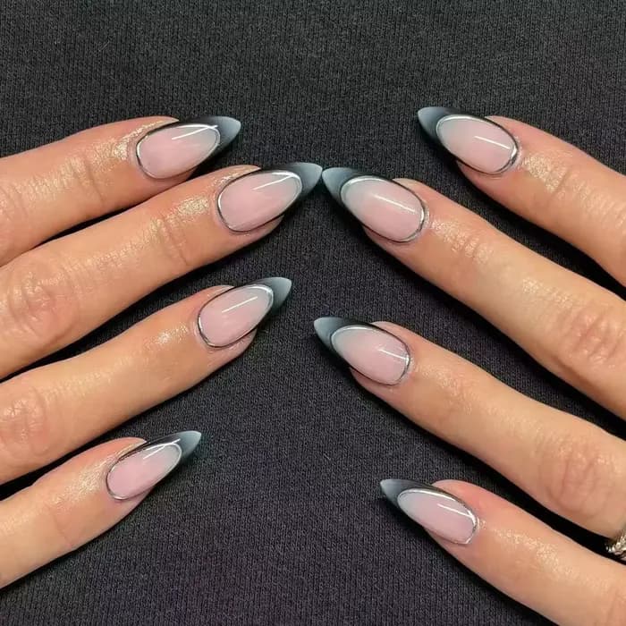 Faux ongles français en amande, avec colle à pression sur bord blanc, Design portable, pointes Stile