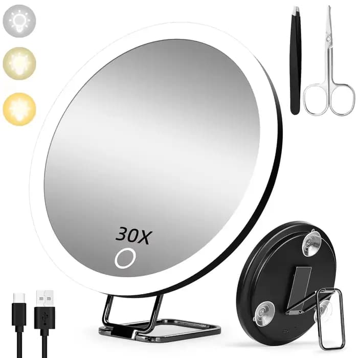 Miroir grossissant 30X avec lumière réglable et pince à épiler & ciseaux, miroir de maquillage avec ventouses, miroir de toilette portable à main